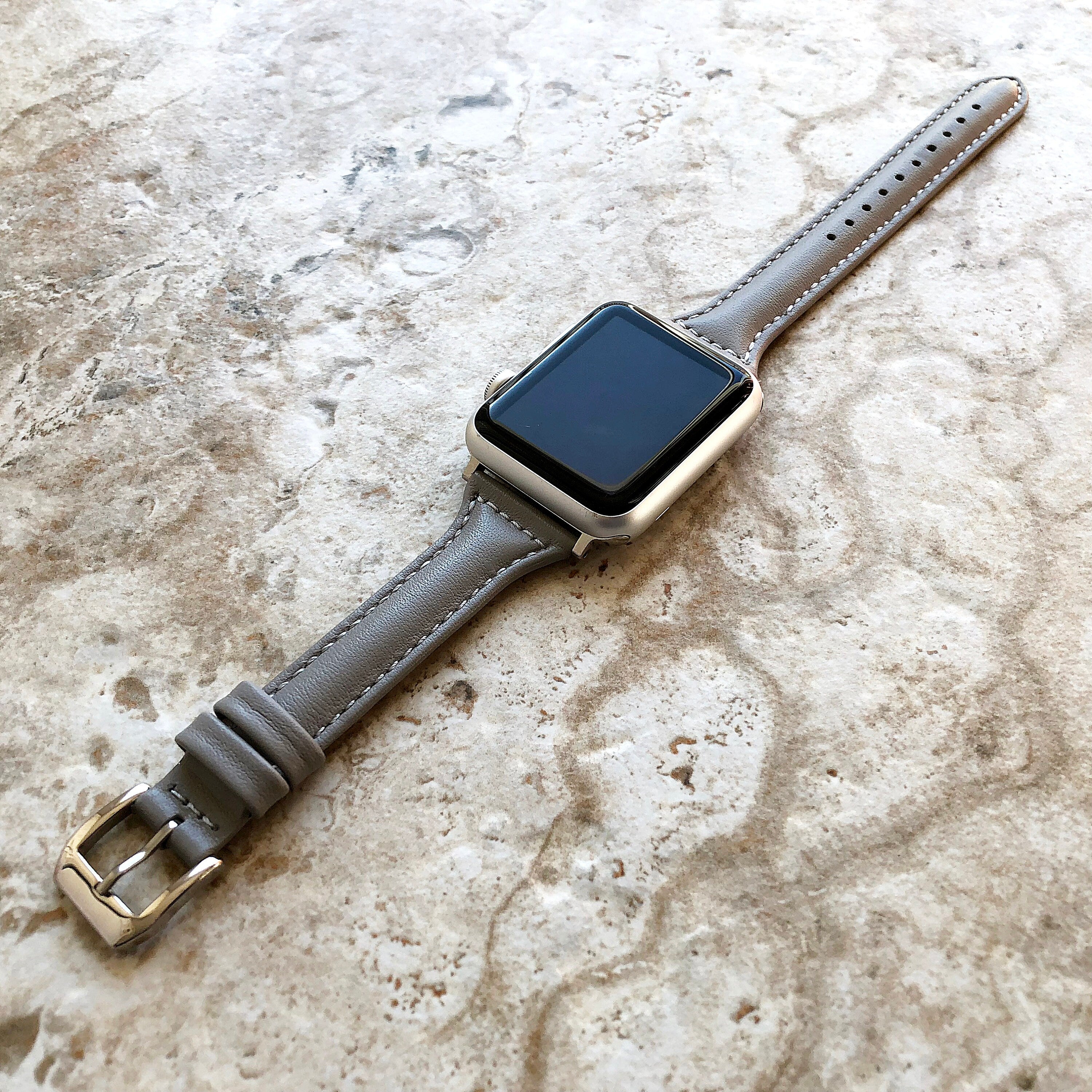 Apple Gray Color Slim Elegant Soft Leather Band Straps Bracelet for iWatch All Series 38mm 40mm 41mm 42mm 44mm 45mm 49mm Case Handmade